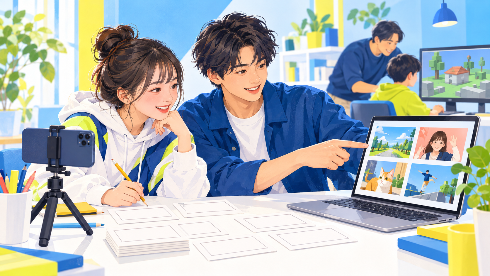 2人の学生が台本と映像を確認しながら制作を相談する、講義用のイメージ
